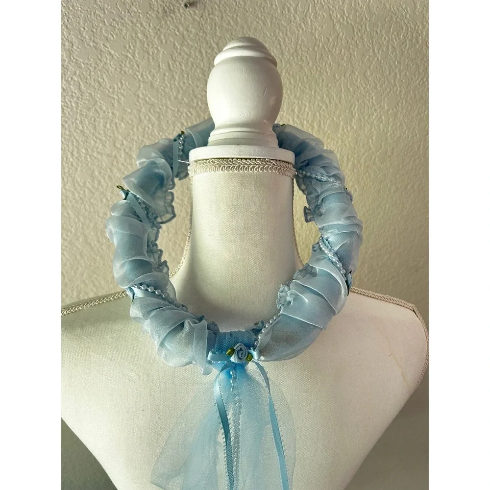 Handmade Something Blue Floral Halo Crown Veil Fairycore Bridal Headpiece Pearl